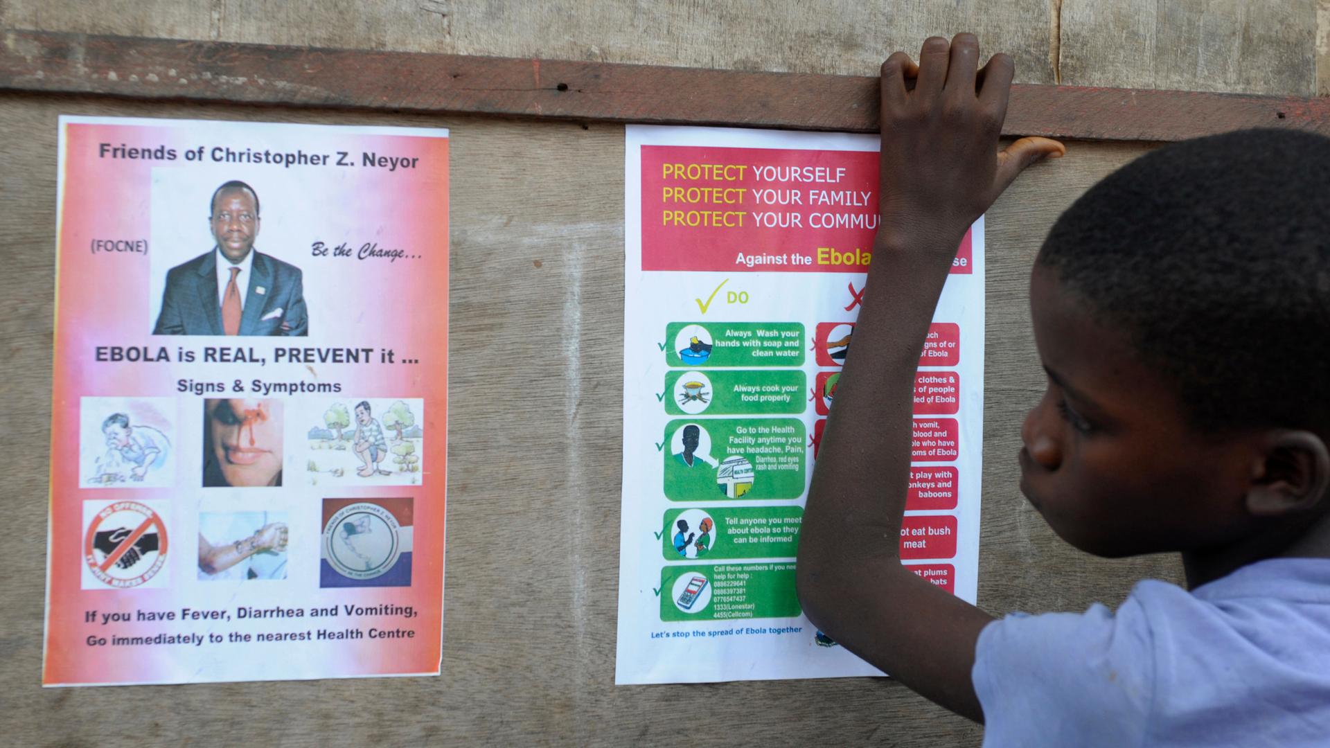 A boy looks at posters issued by the Liberian government warning against Ebola at Duwala market in Monrovia. 