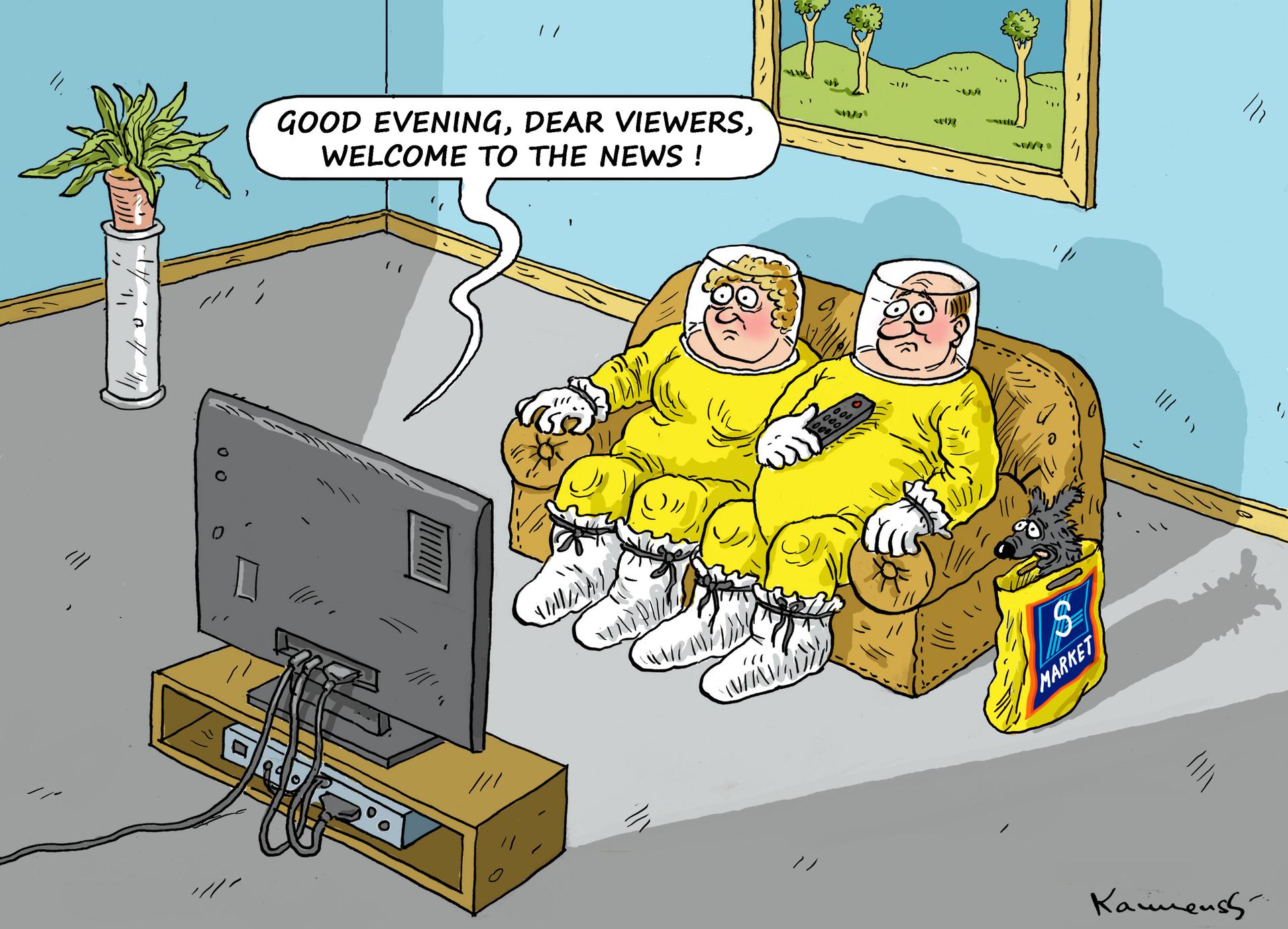 Suited up for the news, a cartoon by Slovakian cartoonist Marian Kemensky.