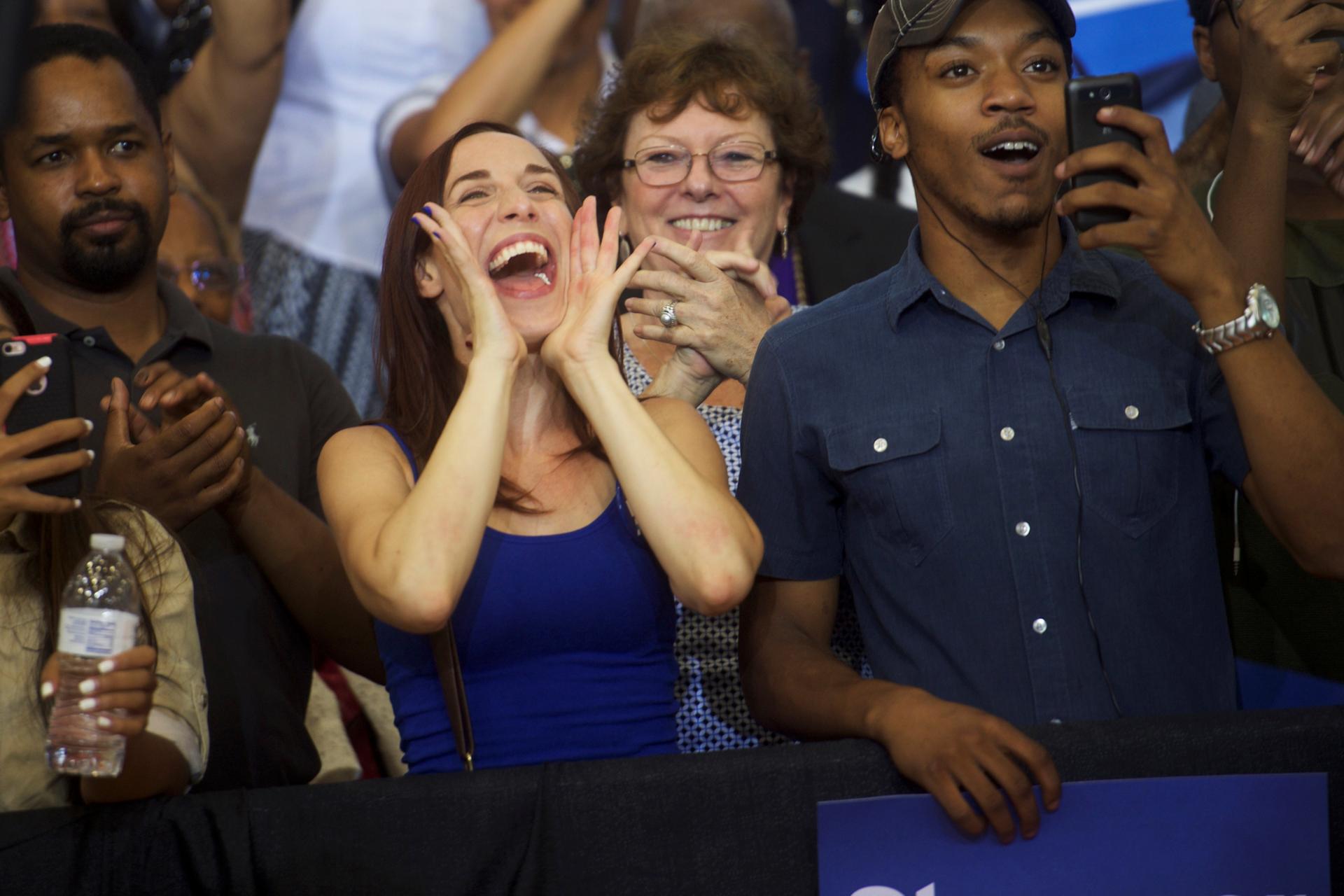 Supporters of Democratic Presidential nominee Hillary Clinton cheer during a rally at West Philadelphia High School in Philadelphia, Pennsylvania, August 16, 2016. 