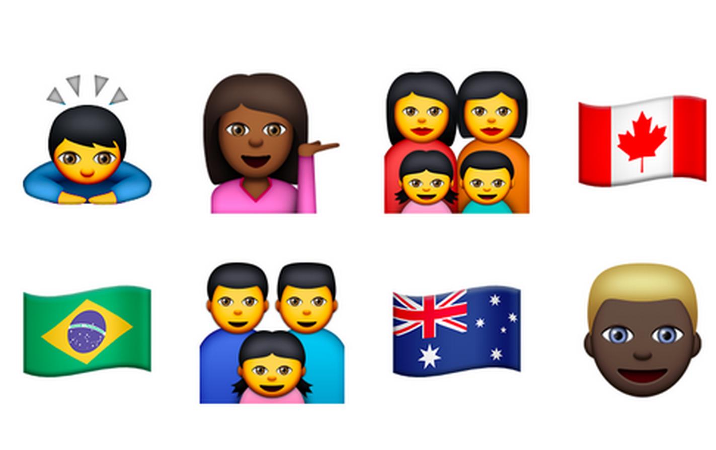 A sample of the updated emojis seen in the beta versions of Apple OS X 10.10.3 and iOS 8.3 released to developers.