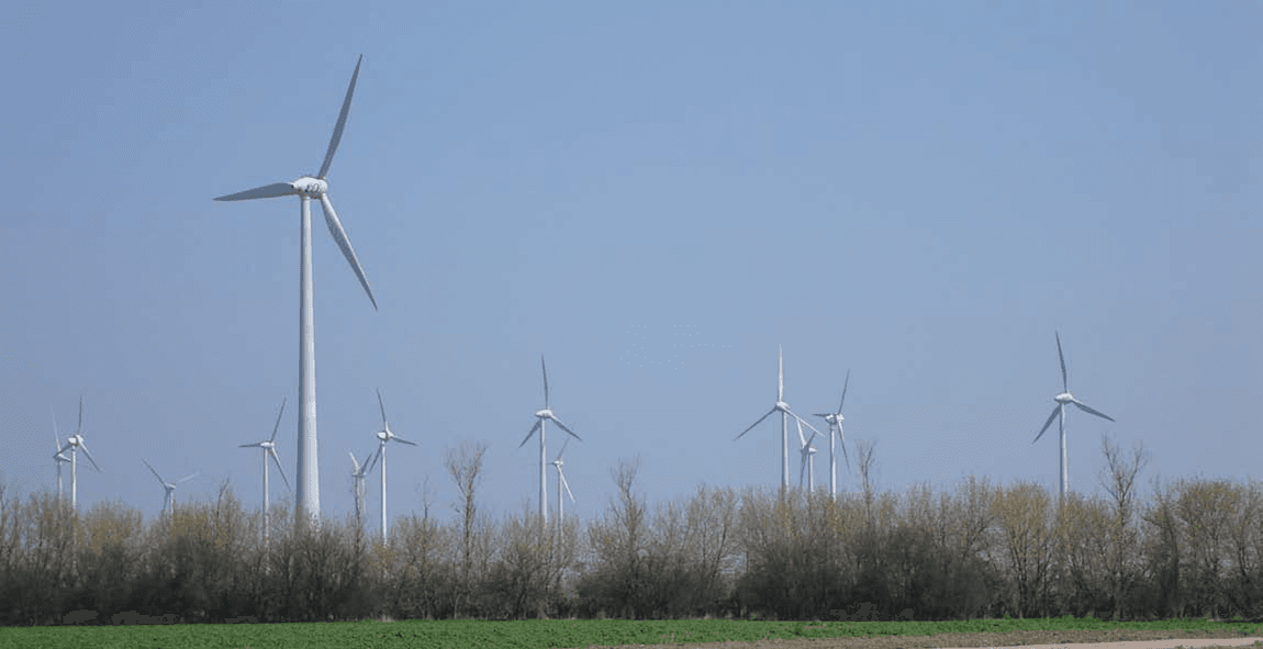 A wind farm with 43 wind turbines generates electricity for the village of Feldheim, Germany.