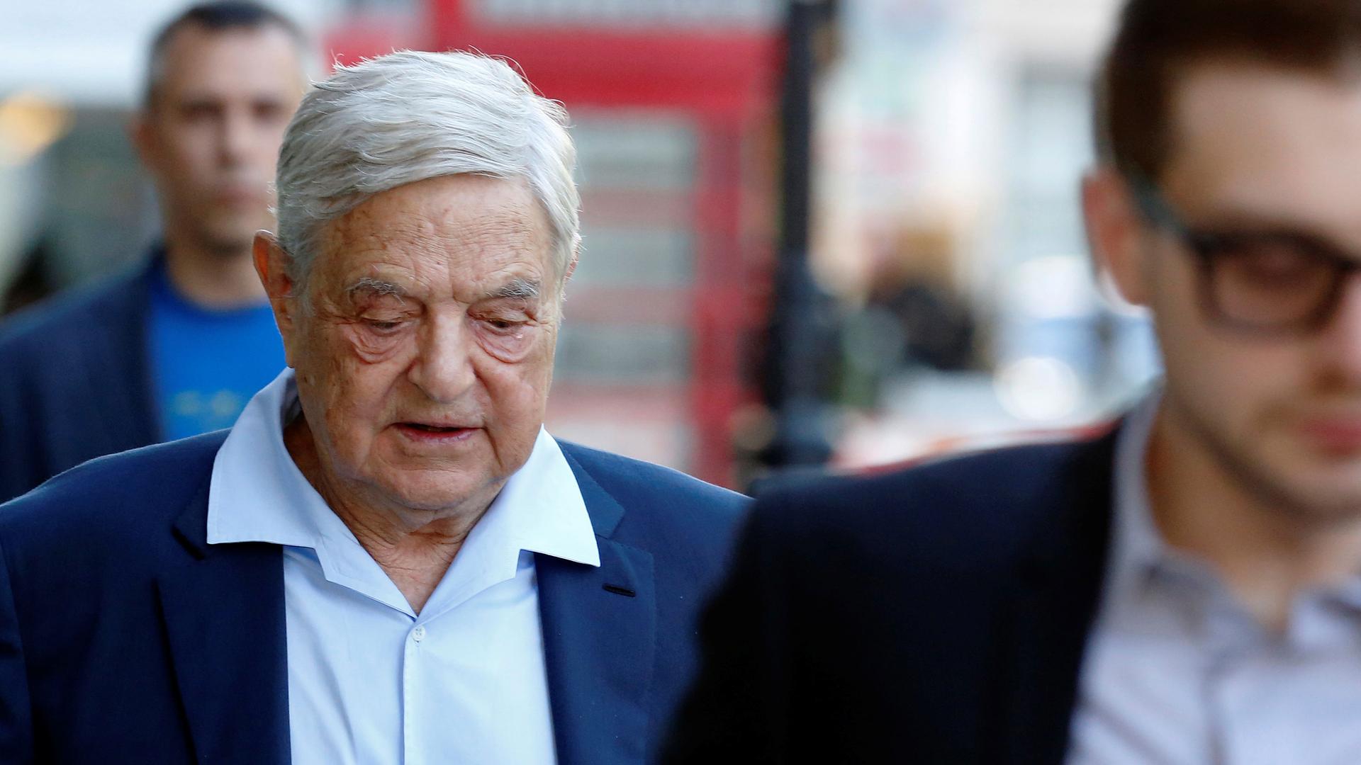 Business magnate George Soros arrives to speak at the Open Russia Club in London.