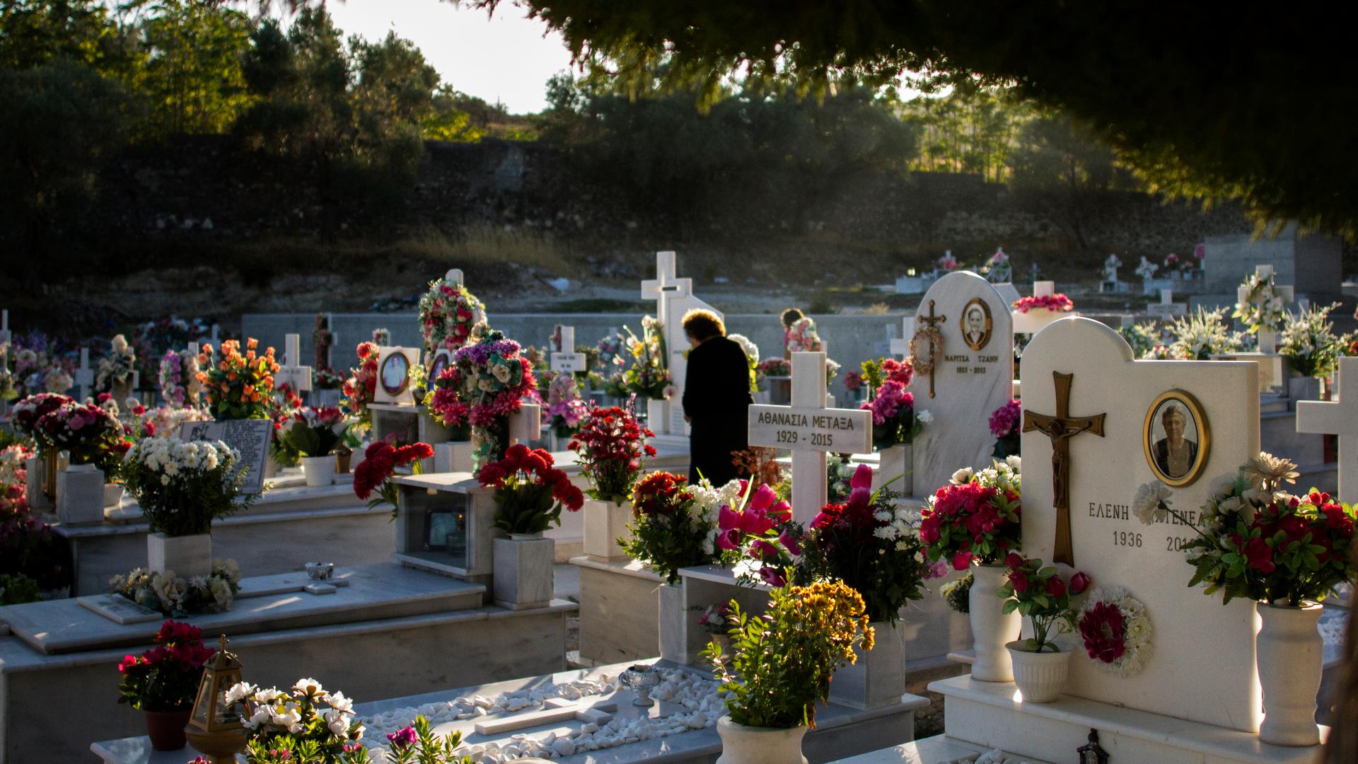 A graveyard on the Greek island of Lesbos, where refugees are buried. Many are buried in unmarked graves in a different section.