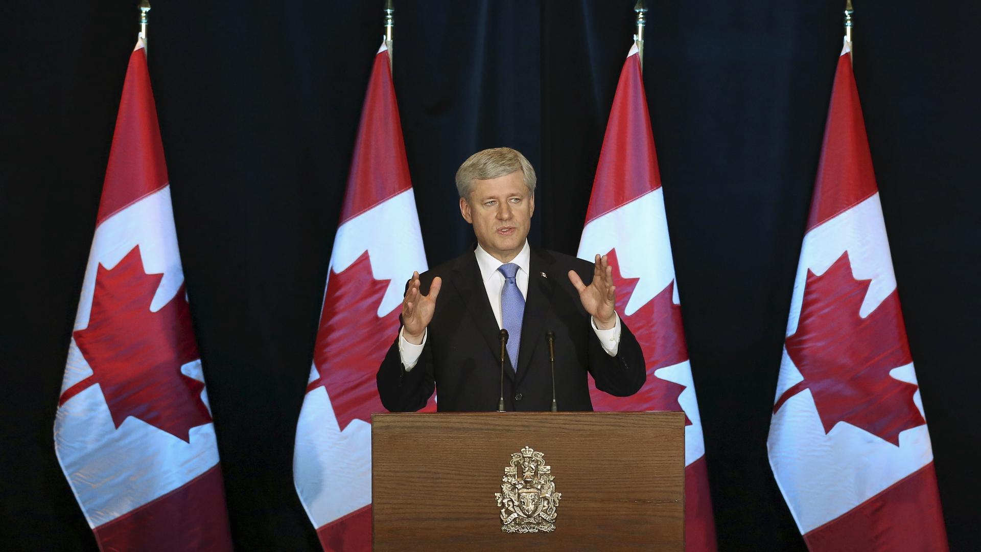 Canada's Prime Minister Stephen Harper speaks during a news conference in Ottawa, Canada on October 5, 2015.