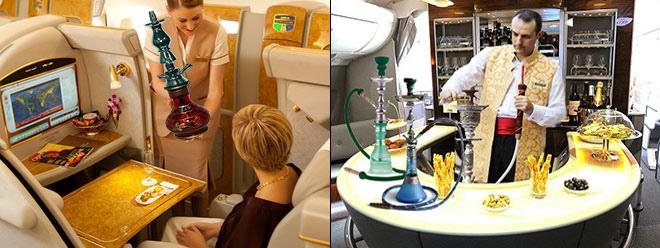 Images from The Pan-Arabia Enquirer's fake news story about how Emirates Airline was now offering shisha or hookah lounges on its luxury A380 fleet.  Many readers believed the story which eventually forced the airline to make clear that the story was from