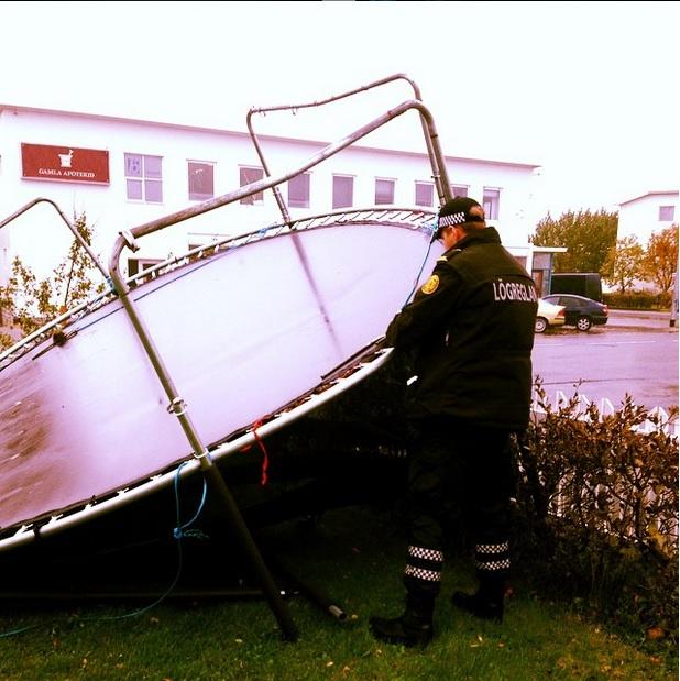 "Reykjavik raining sideways and trampolines are on the move" from the Reykjavík metropolitan police's Instagram