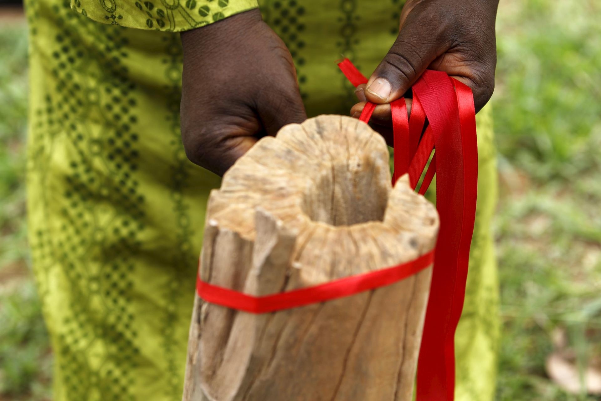 Red ribbons are tied around a tree trunk on the eve of the second anniversary of the abduction of the Chibok school girls in Abuja, Nigeria April 13, 2016.