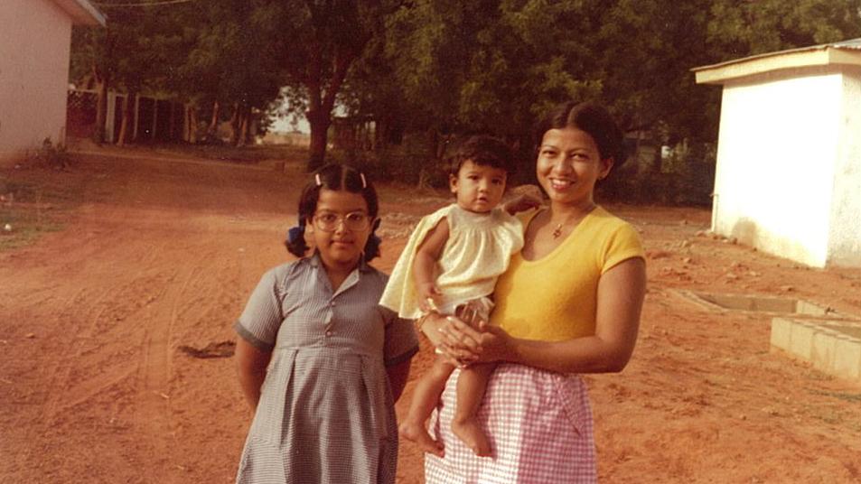 Author Nayomi Munaweera was born in Sri Lanka, and then moved with her family to Birnin Kebi, Nigeria, to avoid civil war. Here Munaweera stands with her mother, Mali, and younger sister, Namal.