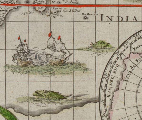 A map monster snacks on something in the Indian Ocean. Willem Janszoon Blaeu’s world map "Nova totius terrarum orbis geographica ac hydrographic tabula” was first published in 1606 during the Golden Age of Dutch Cartography. 