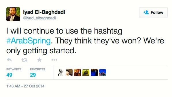 A tweet from Iyad el-Baghdadi, a prominent online activist who's now seeking asylum in Norway.