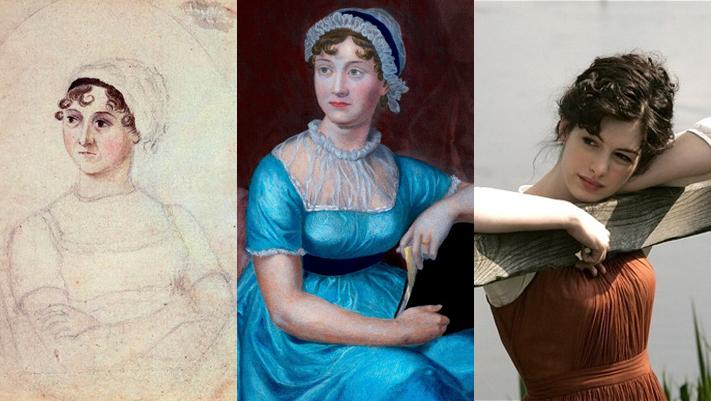 (L) Sketch of Jane Austen in 1810, (C) a 1870 portrait of Austen based on the 1810 sketch and (R) Anne Hathaway as Jane Austen