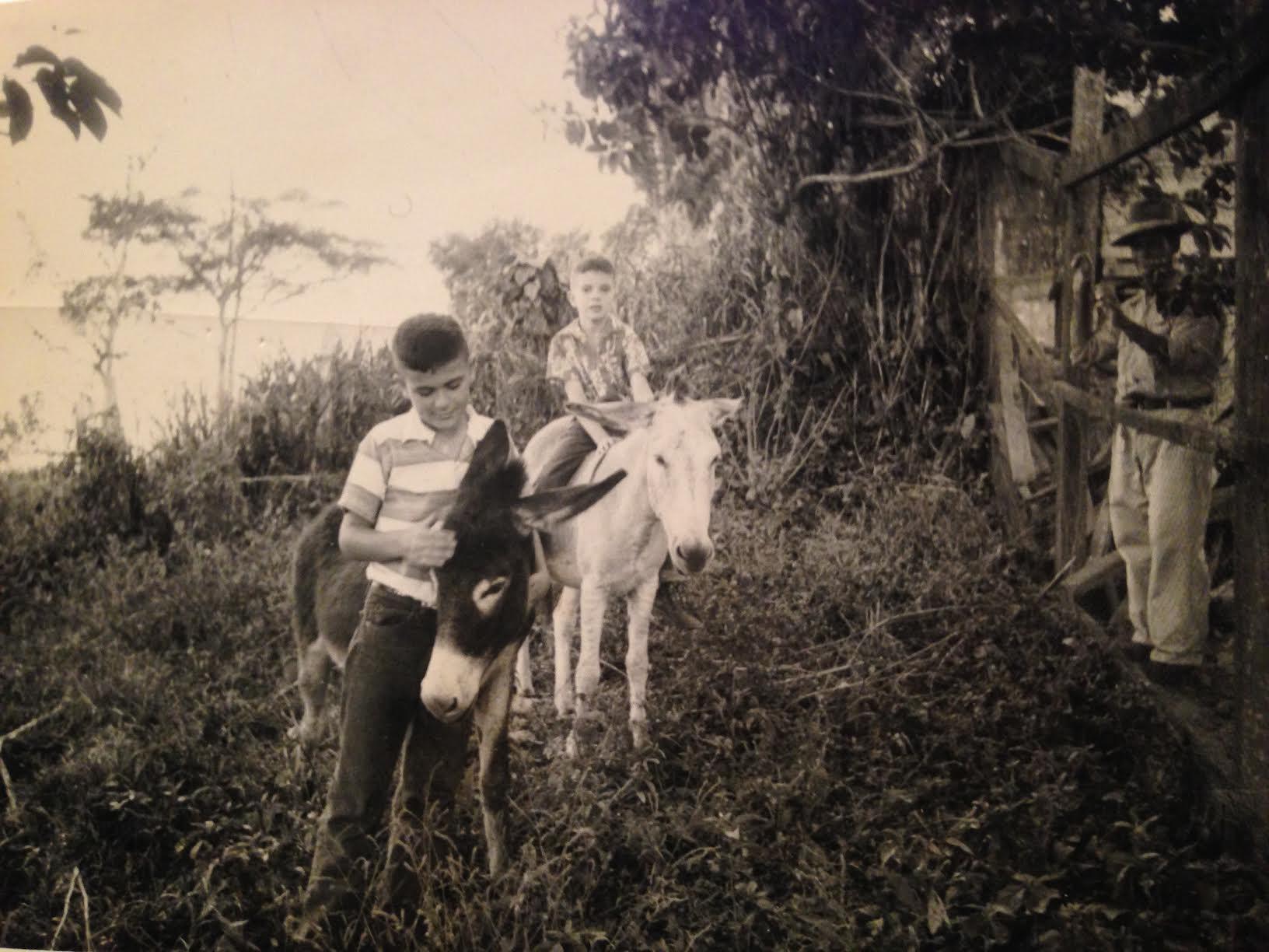 Brothers John and George Campbell ride donkeys in the forests of Segovia, Colombia.