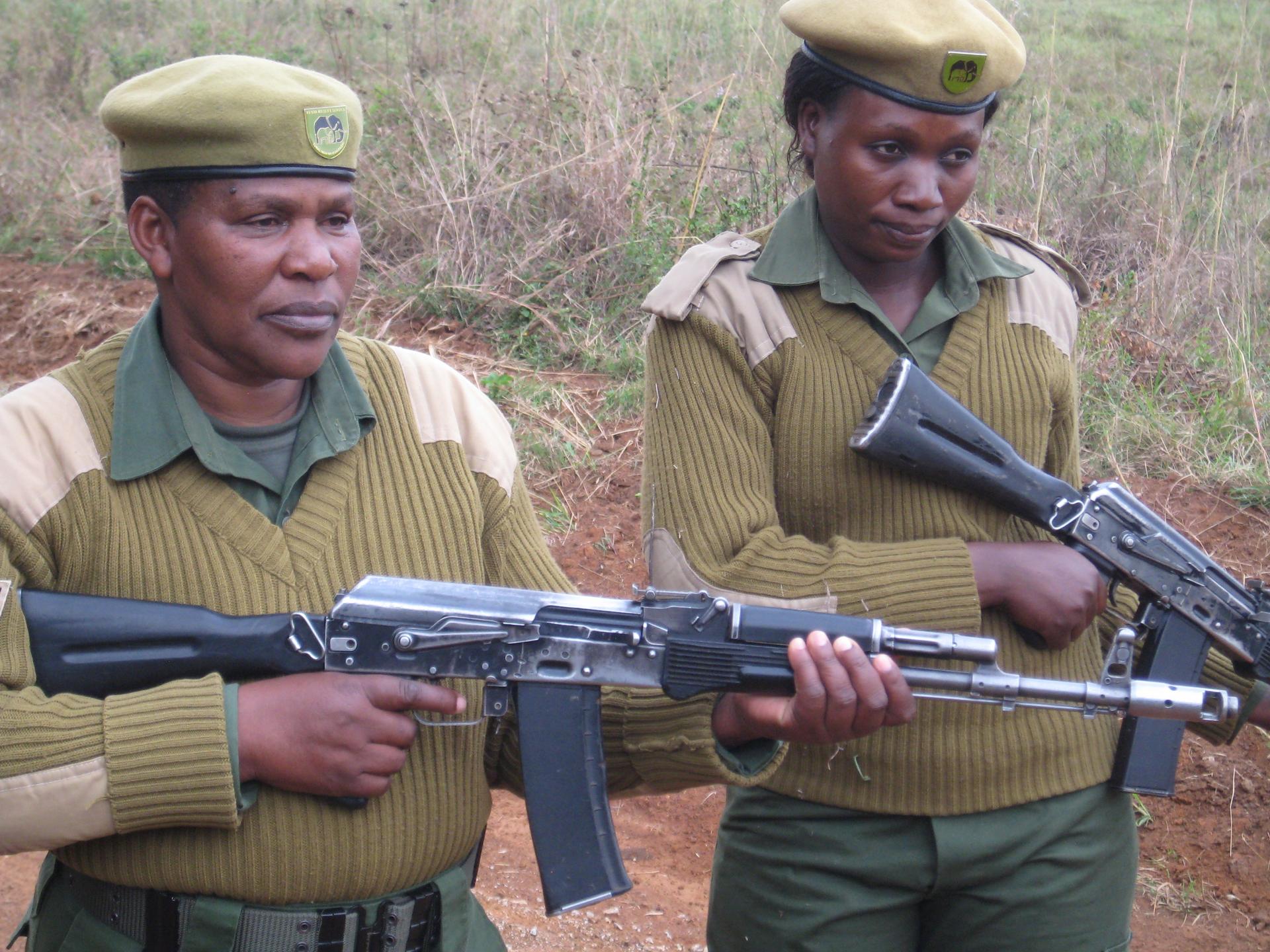 Corporal Patricia Mututu (left), a 30-year Kenya Wildlife Service veteran, and Ranger Mildred Oduor on patrol in Nairobi National Park.  Hundreds of Kenya Wildlife Service rangers have been shot by poachers in the last three years; 13 have been killed.