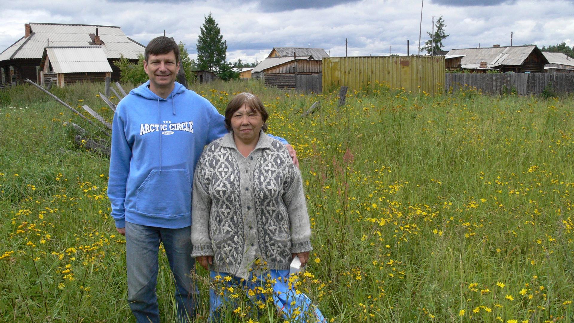 Linguist Edward Vajda with a Ket woman in her home village in Siberia, Russia. 