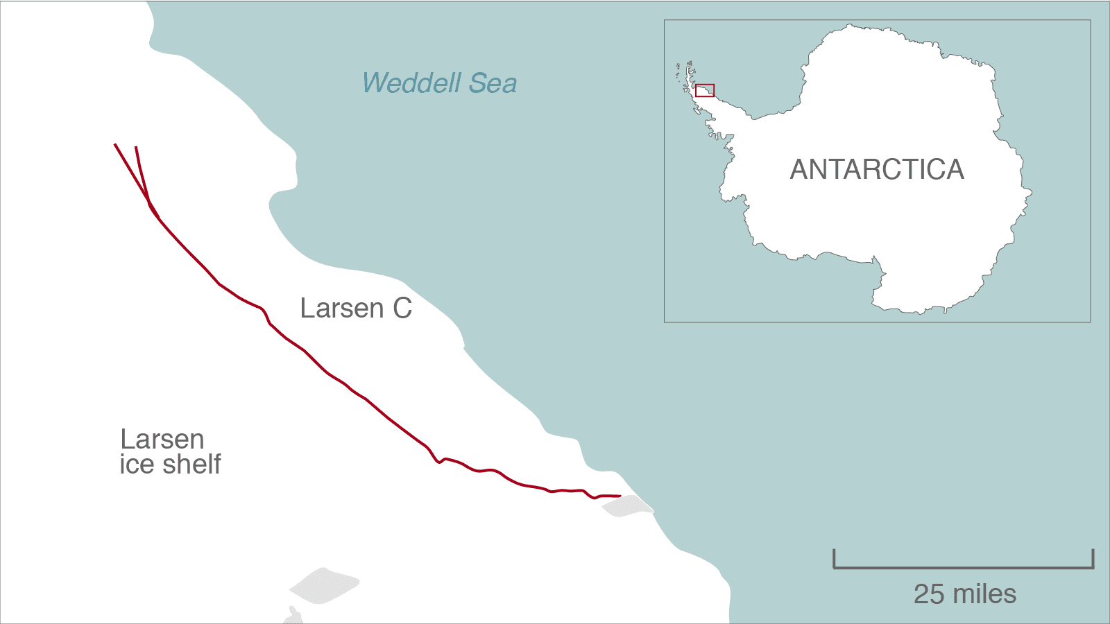 A 110-mile crack in the Larsen Ice Shelf is shown in this map. A branch has appeared to the right of the rift.