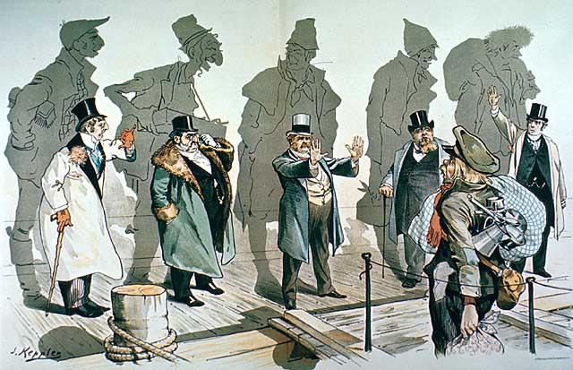 A cartoon of businessmen who are denying entry to a new immigrant, who is exiting a ship