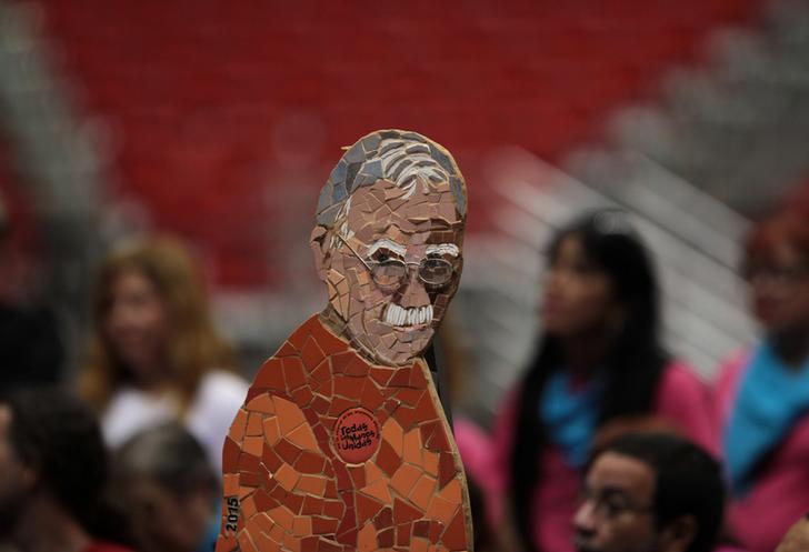 A mosaic of tiles depicts the shape and likeness of Oscar Lopez Rivera, a 74-year-old Puerto Rican nationalist whose prison sentence was commuted at the end of President Obama's term in office. 