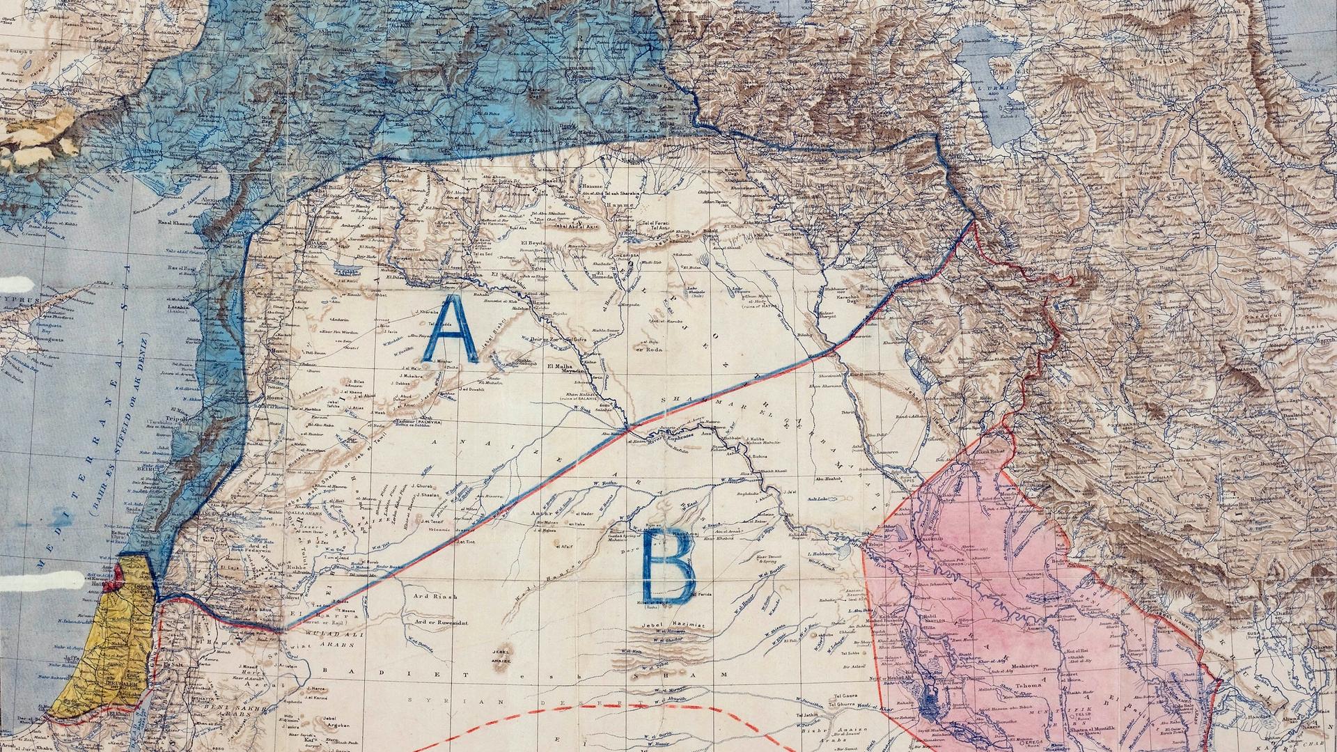 Map of Sykes-Picot Agreement. Royal Geographical Society, 1910-1915. Signed by Mark Sykes and Francois Georges-Picot, 8 May 1916.