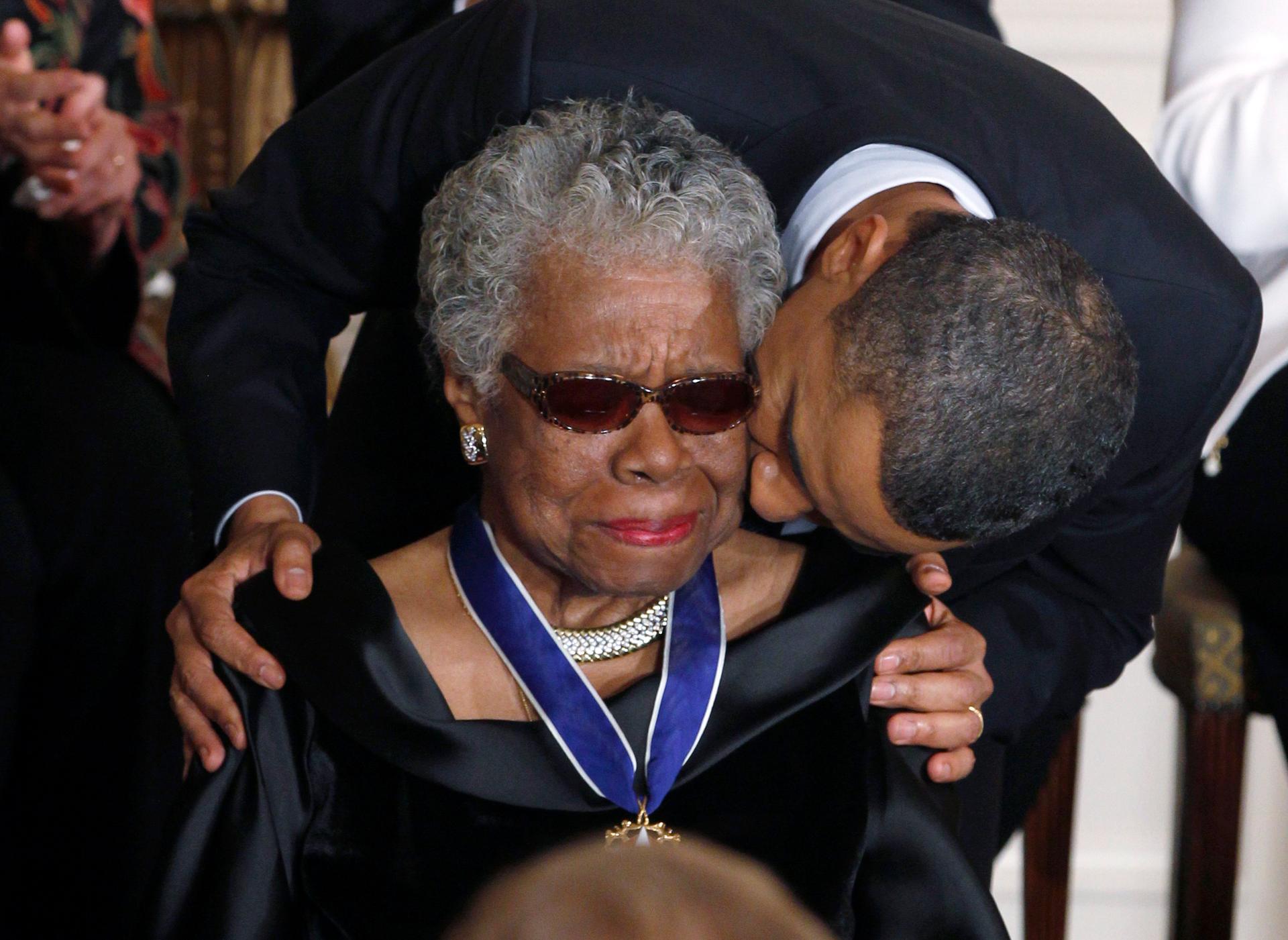 Maya Angelou receives a Medal of Freedom from U.S. President Barack Obama at the White House in Washington, February 15, 2011. 