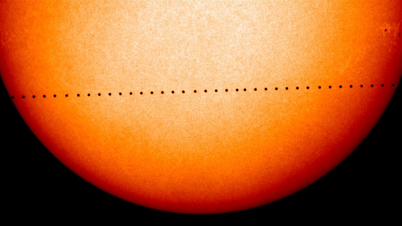 The 2016 Mercury planetary transit is seen in a NASA conceptual image, made of many images captured by the Solar and Heliospheric Observatory (SOHO) during the last Mercury transit in 2006. Mercury will pass between Earth and the sun in the rare astronomi