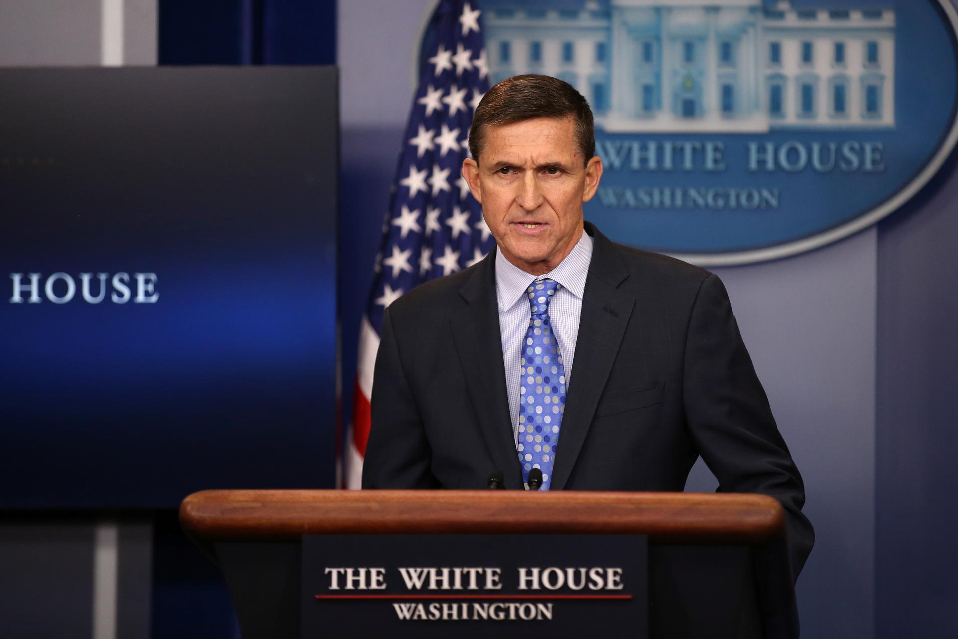 National Security Adviser Michael Flynn delivers a daily briefing at the White House, Feb. 1, 2017.
