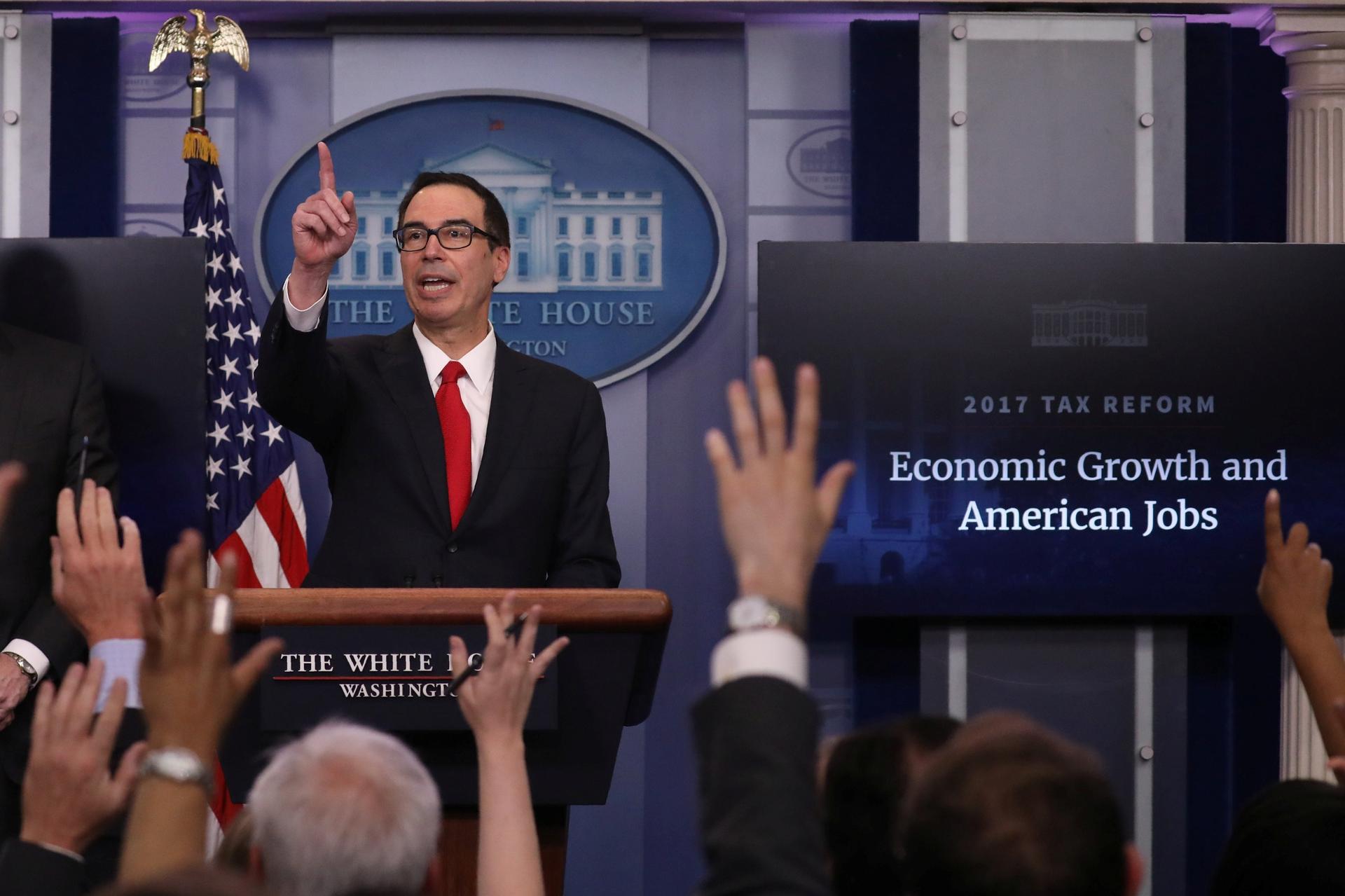 U.S. Secretary of the Treasury Steven Mnuchin discusses the Trump administration's tax reform proposal in the White House briefing room in Washington, U.S, April 26, 2017. 