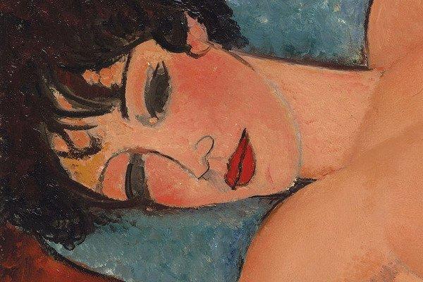 A closeup on 'Nu Couche' by Amedeo Modigliani.
