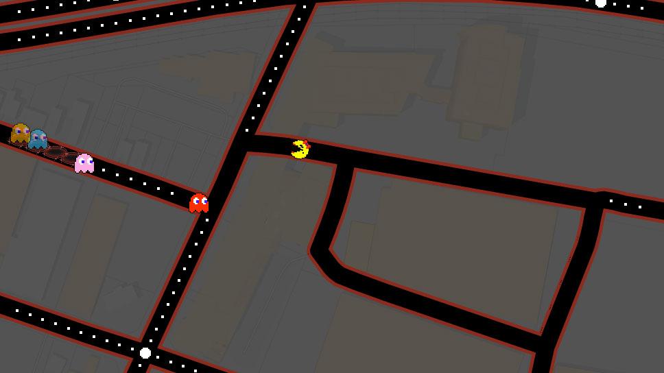 The Google Maps Ms. Pac-Man feature is superimposed on top of maps, allowing the user to play the game anywhere. Above, Ms. Pac-Man is outside the WGBH offices in Boston. 