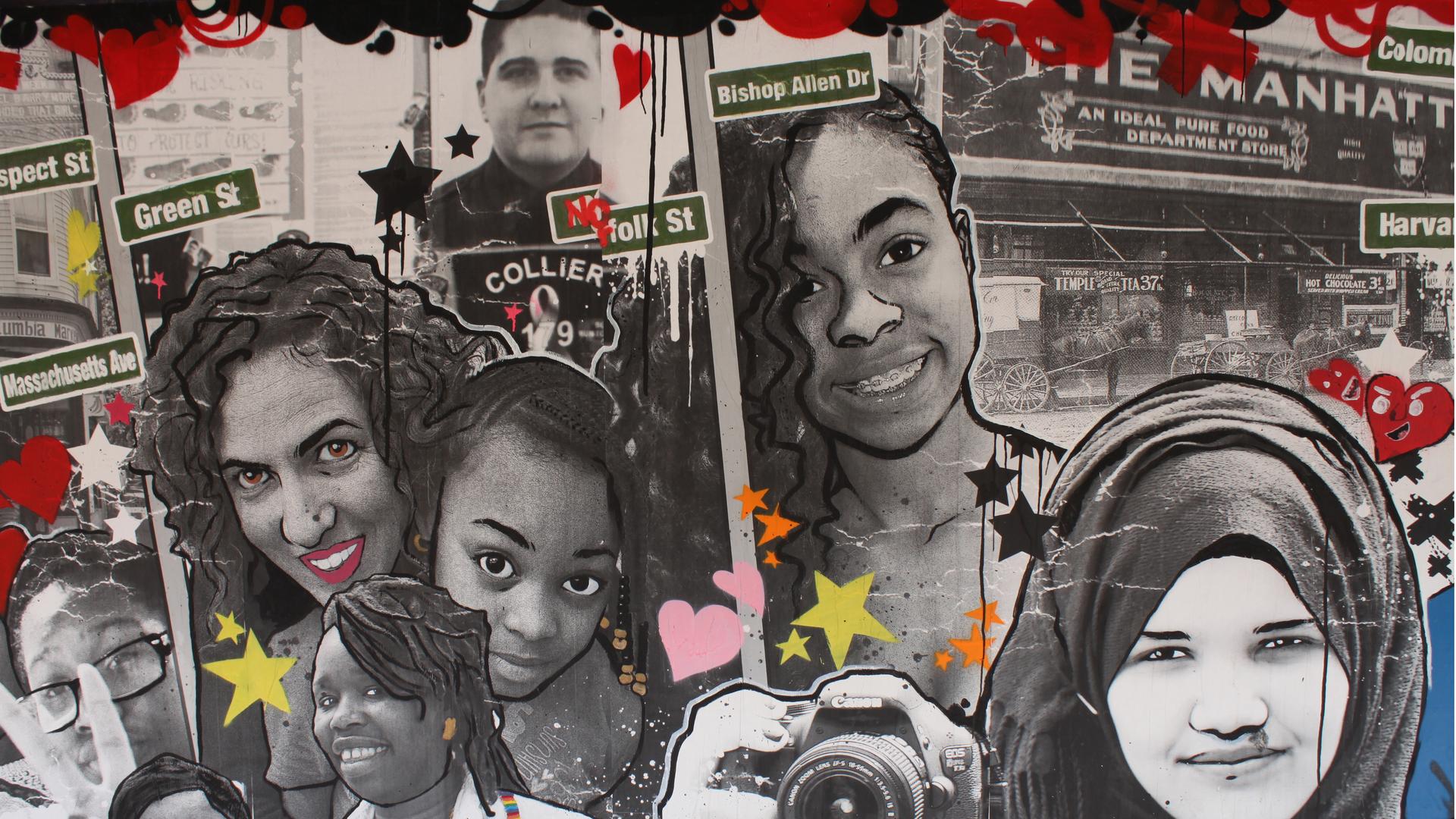A mural by students from the Community Arts Center in Cambridge celebrates their city and pays tribute to slain MIT police officer Sean Collier, killed in the aftermath of the Boston Marathon bombings in April 2013.