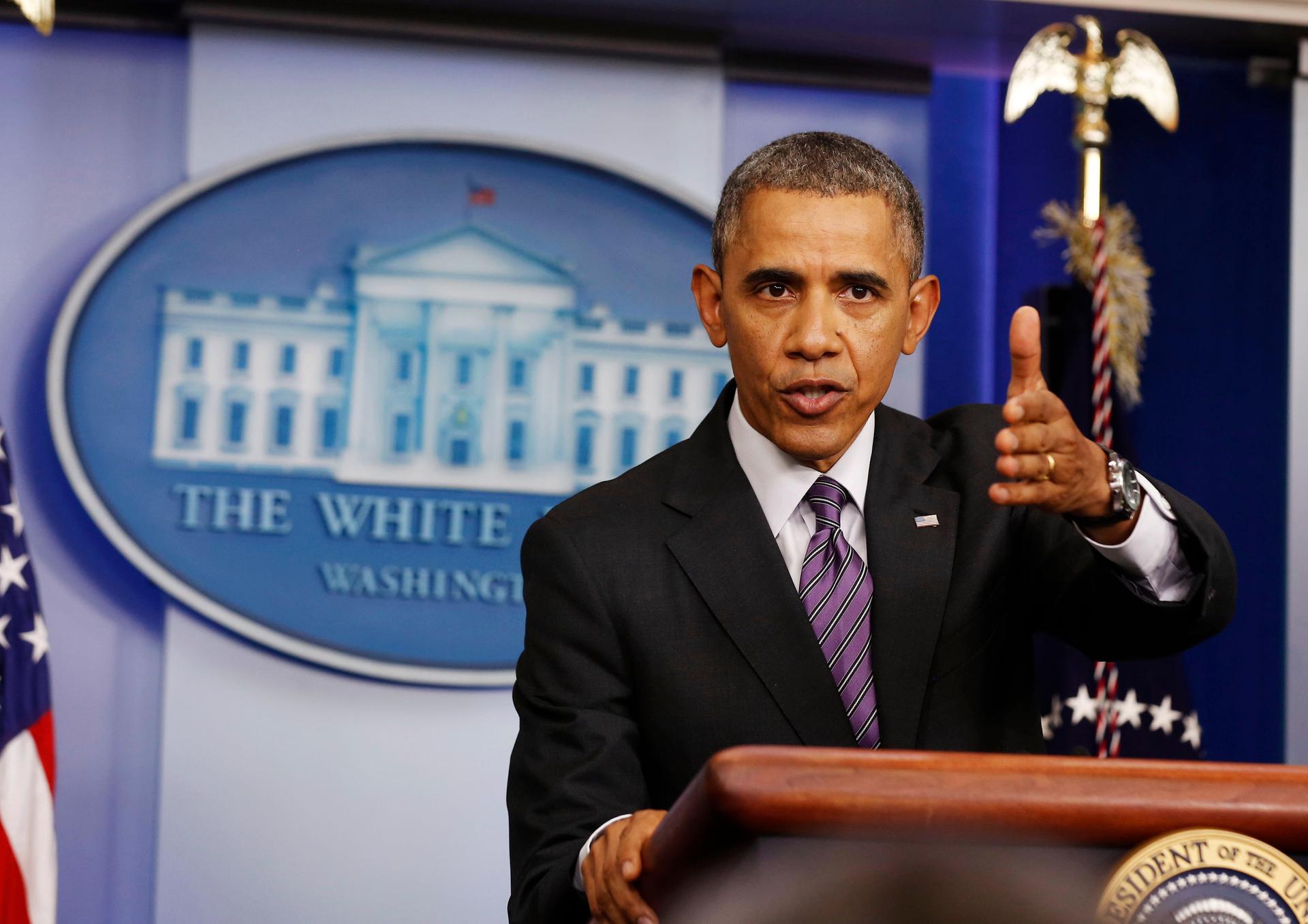 U.S. President Barack Obama speaks to the media in the Brady Press Briefing Room at the White House in Washington April 17, 2014.