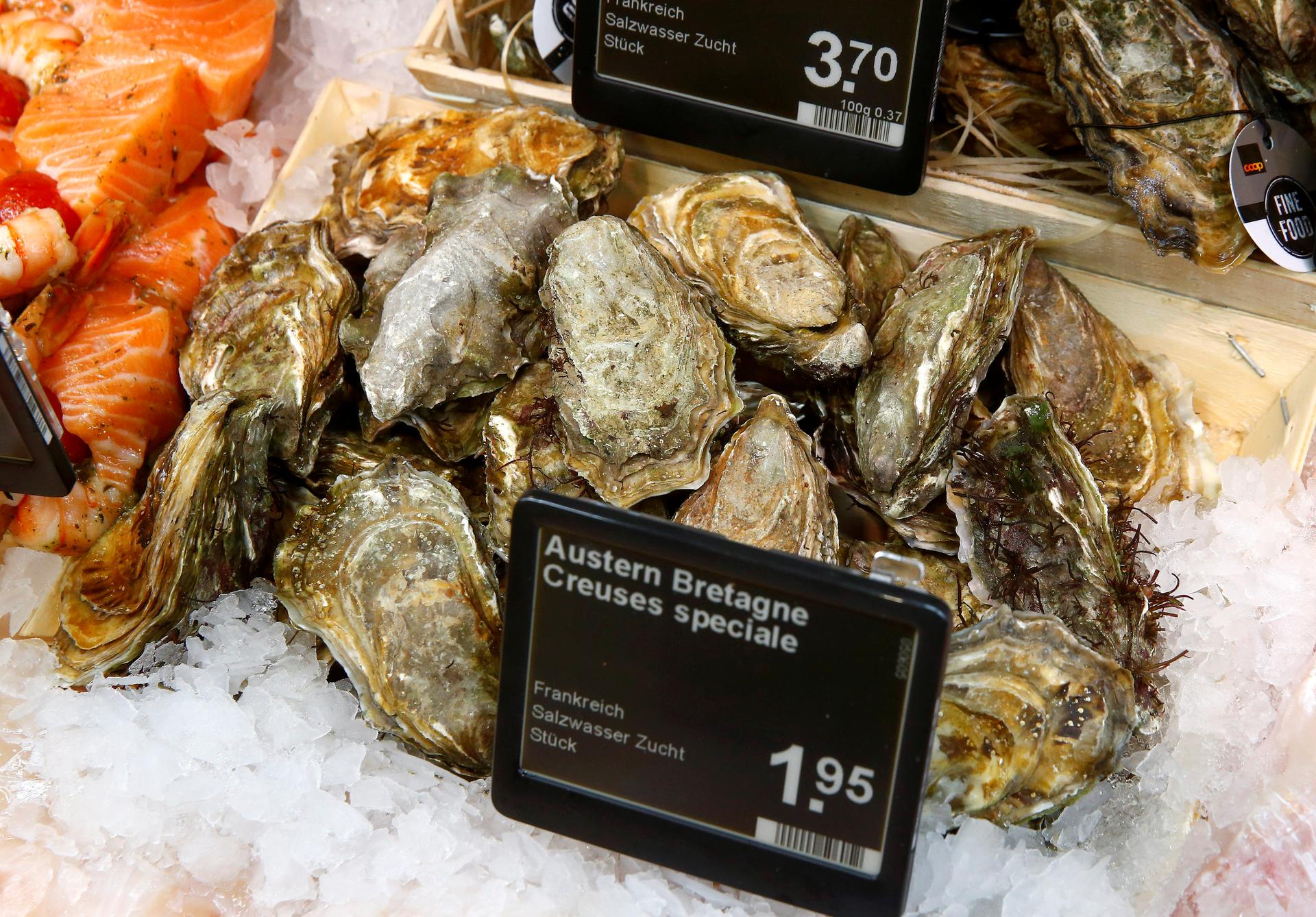 French oysters are offered at a supermarket