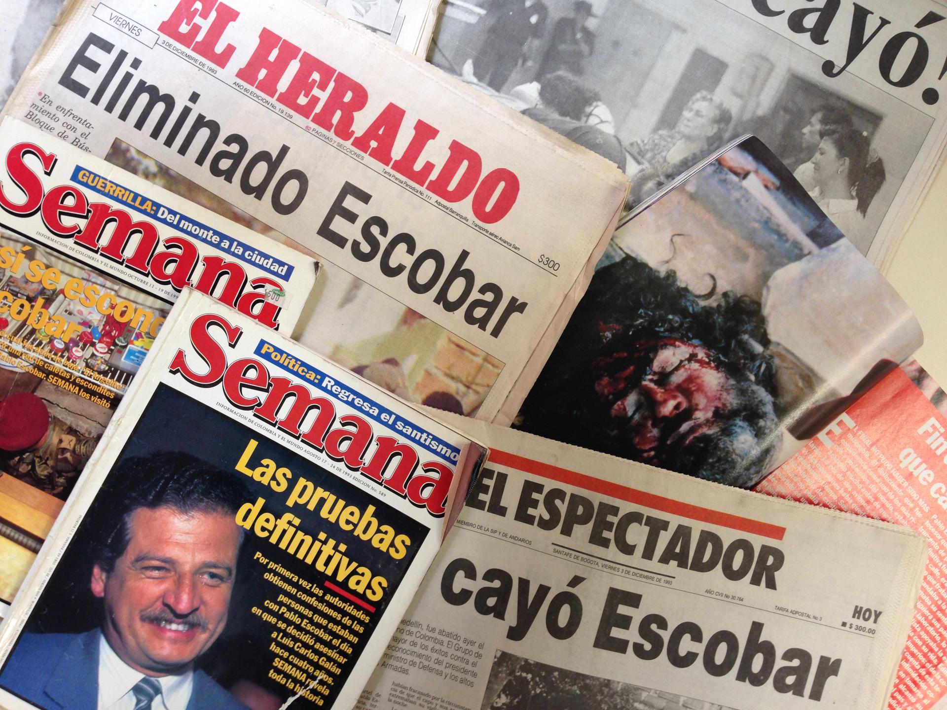 Colombian newspapers and magazines from December 1993 on the death of druglord Pablo Escobar. Yolanda Perdomo saved them from that time.