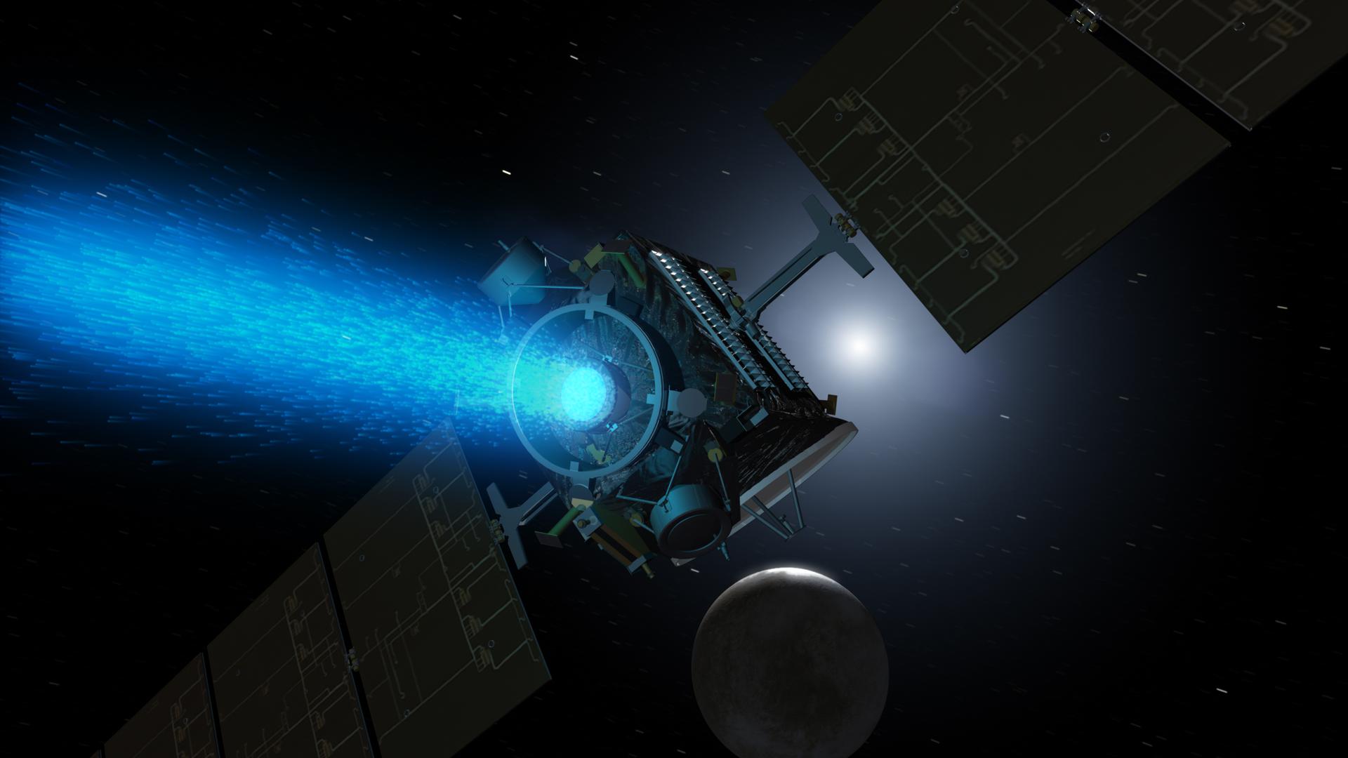 This artist's concept shows NASA's Dawn spacecraft arriving at the dwarf planet Ceres