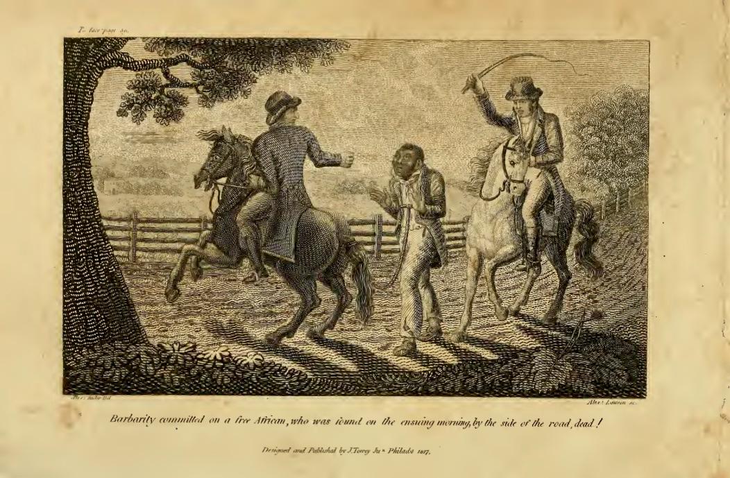 A 19th century engraving reprinted in a book depicts an African American man in shackles and detained by two white men on horseback, one of whom is holding a whip in the air, as if he is about to strike. 