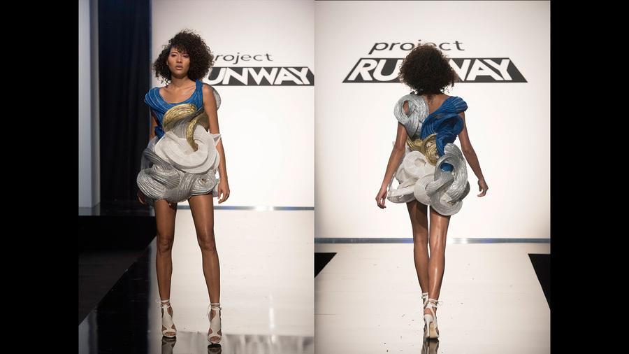 Project Runway contestant Roberi Parra designed this dress inspired by Van Gogh's Starry Night with paper lanterns.