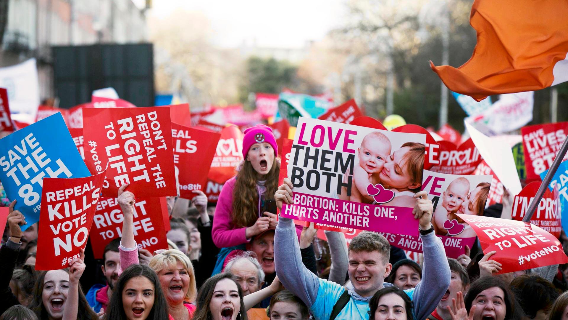 Demonstrators taking part in an anti-abortion rally in Dublin, Ireland on March 10, 2018. An estimated 100,000 people were there to "Save the 8th", the constitutional amendment that bans abortion.      