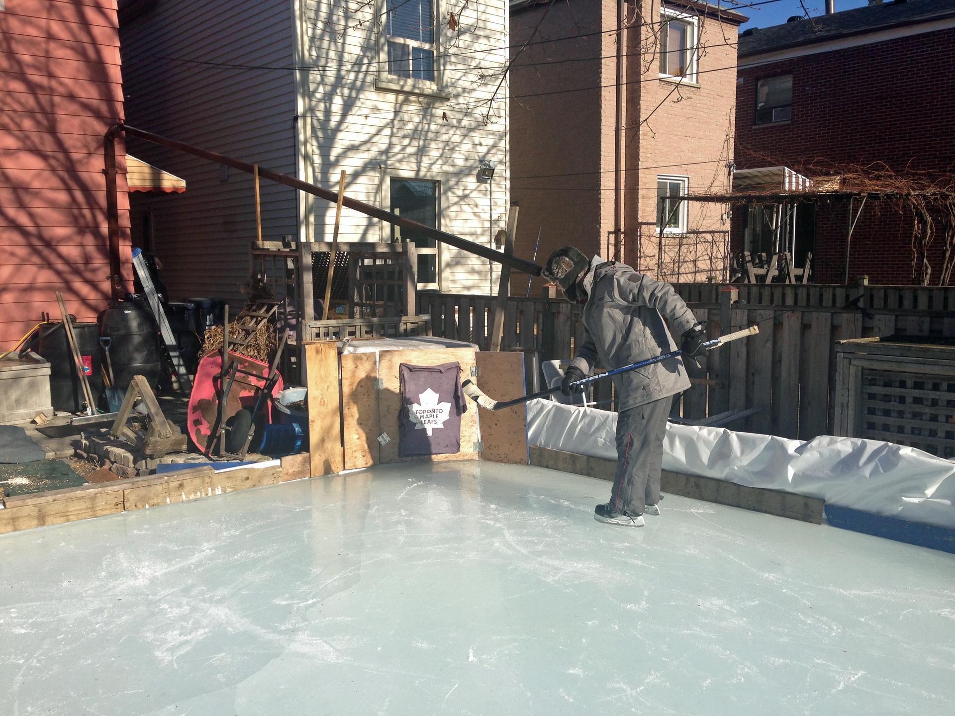 Kevin Sylvester's backyard ice rink in Toronto, Ontario.