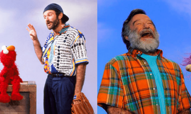 Robin Williams during two of his numerous appearances on the children's show Sesame Street.