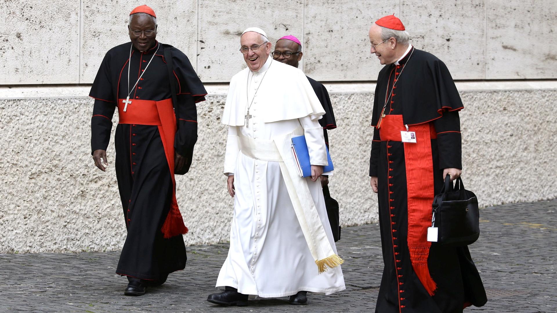 Pope Francis with cardinals as he arrives to lead the synod on the family at the Vatican October 9, 2015.
