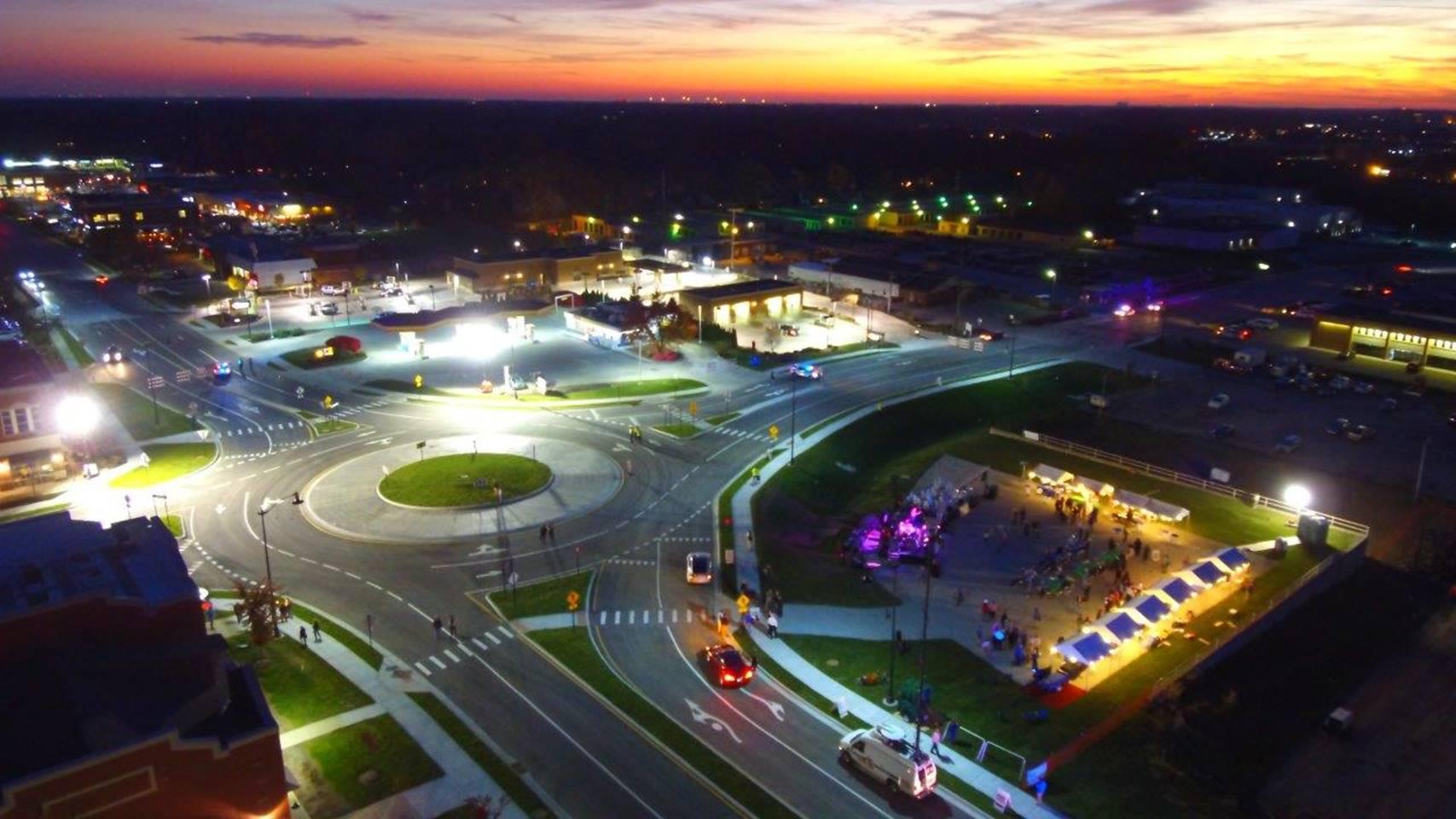 A night shot taken of the 100th roundabout in Carmel, Indiana.