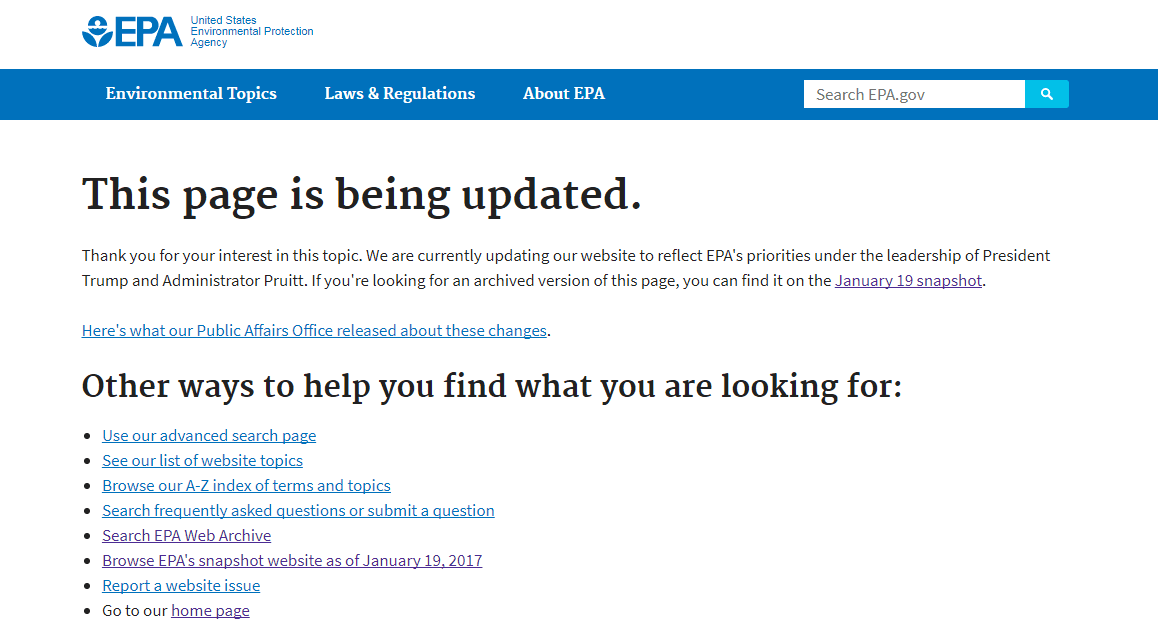 Screenshot of an error message on an EPA webpage