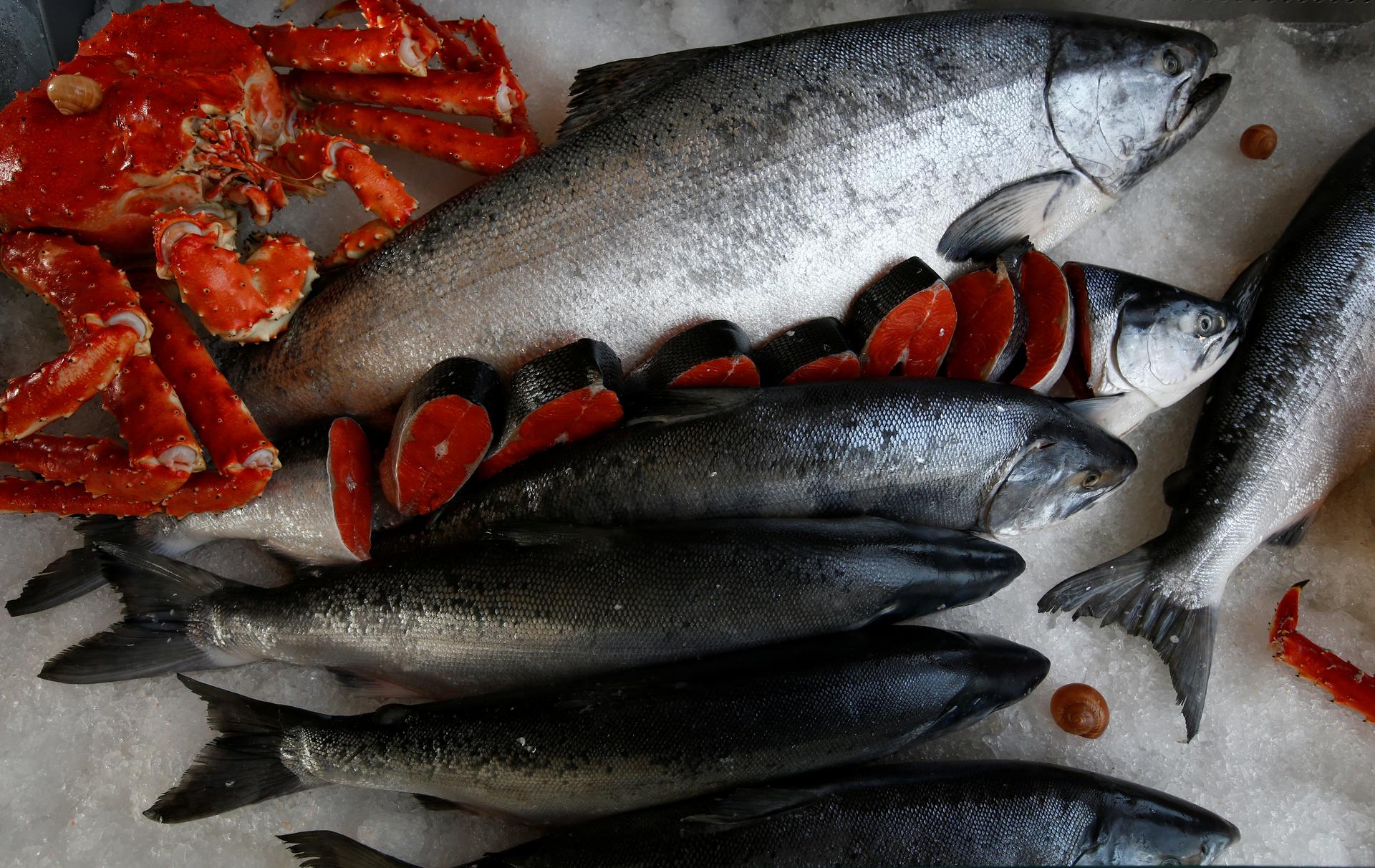 Fish and seafood are on display in Vladivostok, Russia, Sept. 6, 2017.