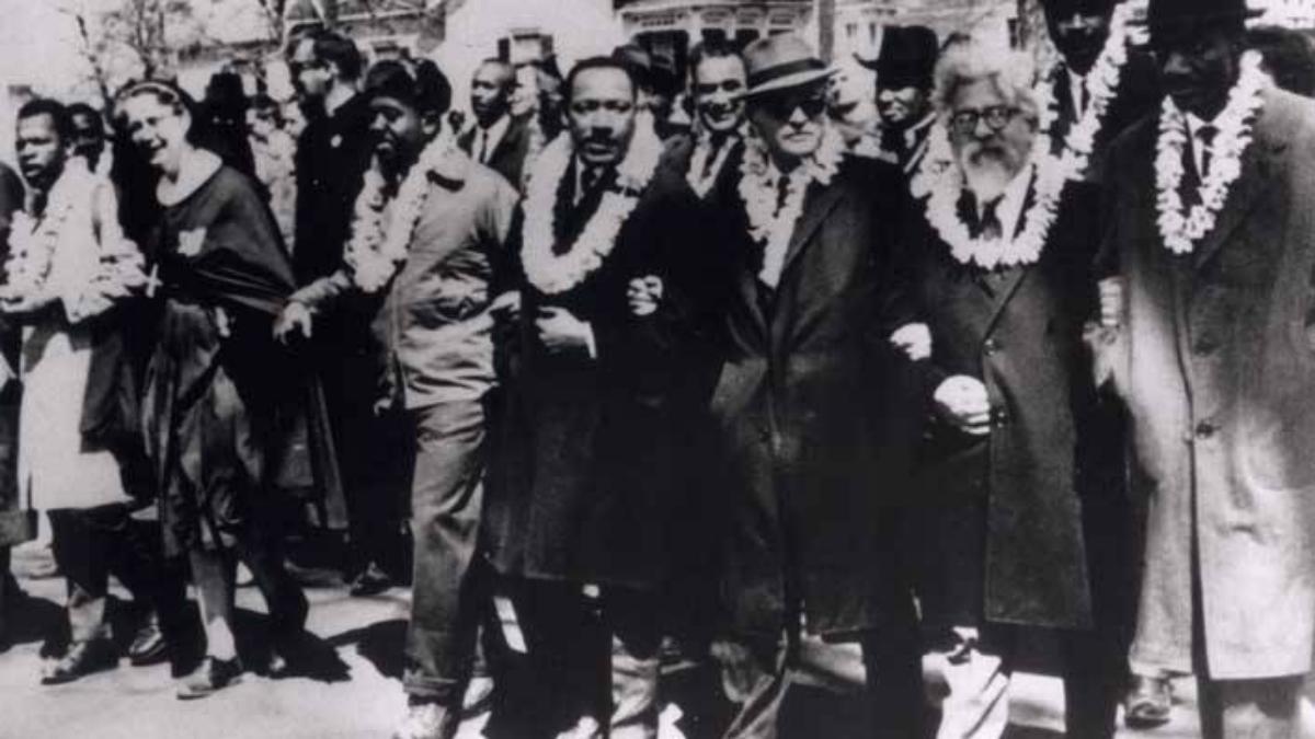 Rabbi Abraham Joshua Heschel marching with other civil rights leaders from Selma to Montgomery, Alabama, on March 21, 1965.