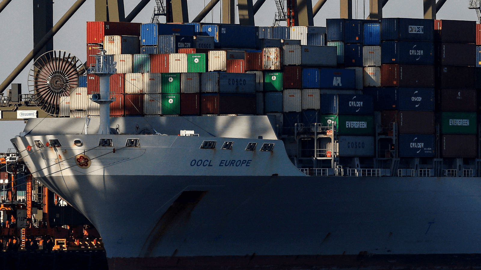 The OOCL Europe is docked at the Port of Newark in Newark, New Jersey, Nov. 27, 2017. 