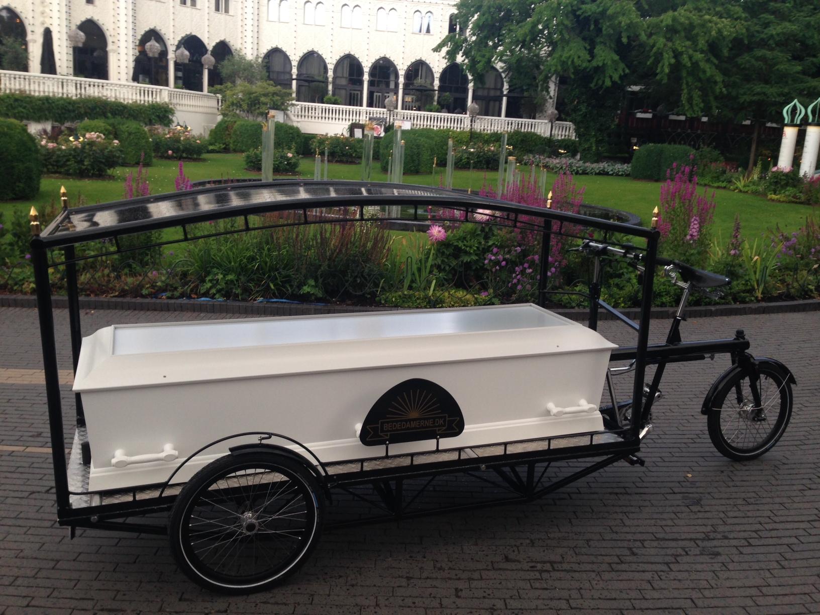 Sille Kongstad's bicycle-powered hearse is unveiled at Tivoli Gardens amusement park in Copenhagen