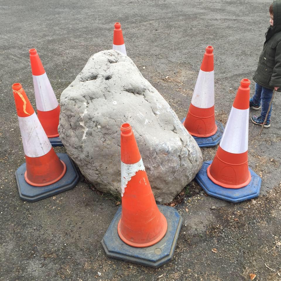 The Soulbury Stone sits in the middle of the road in Soulbury. But an auto accident forced locals to surround it with traffic cones as a stopgap measure to protect it. 