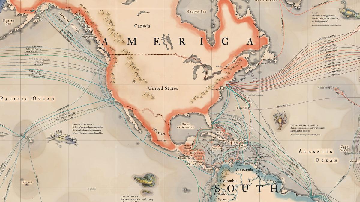 A portion of “A new map of the submarine cables connecting the world in 2015,” with kind permission of TeleGeography and www.telegeography.com