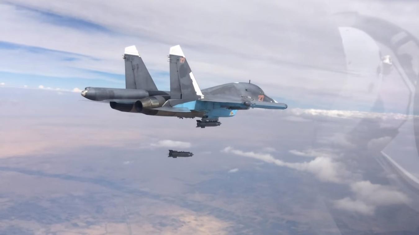 A Russian Sukhoi Su-34 launches a satellite-guided bomb on a target in Syria, October 9th 2015