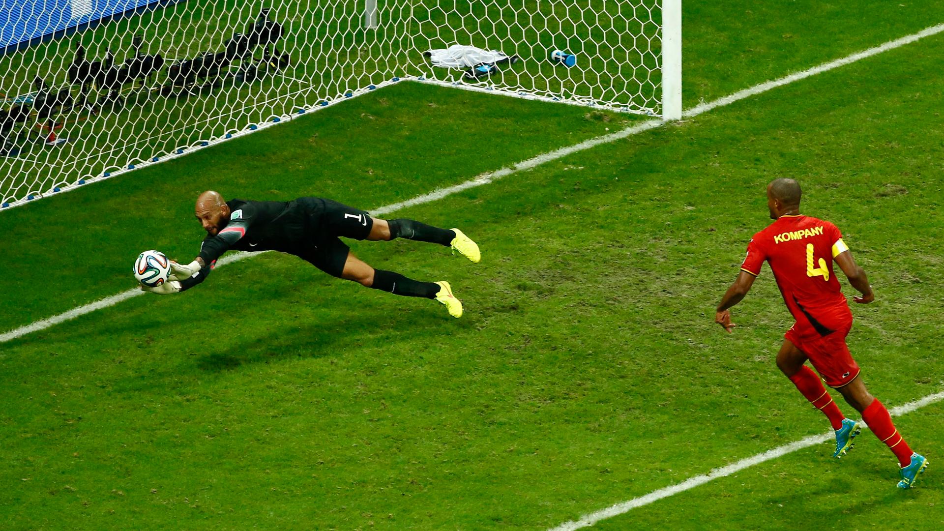 Goalkeeper Tim Howard of the U.S. saves a shot during their 2014 World Cup round of 16 game against Belgium at the Fonte Nova arena in Salvador July 1, 2014.