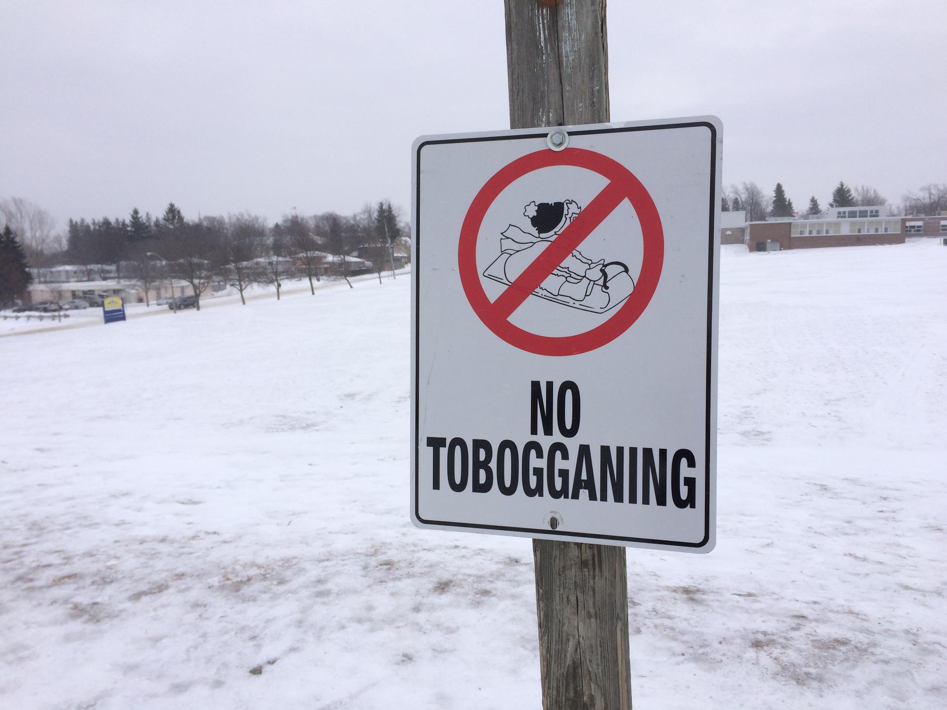 No Tobogganing sign on Murray's Mountain, Orangeville, Ontario.